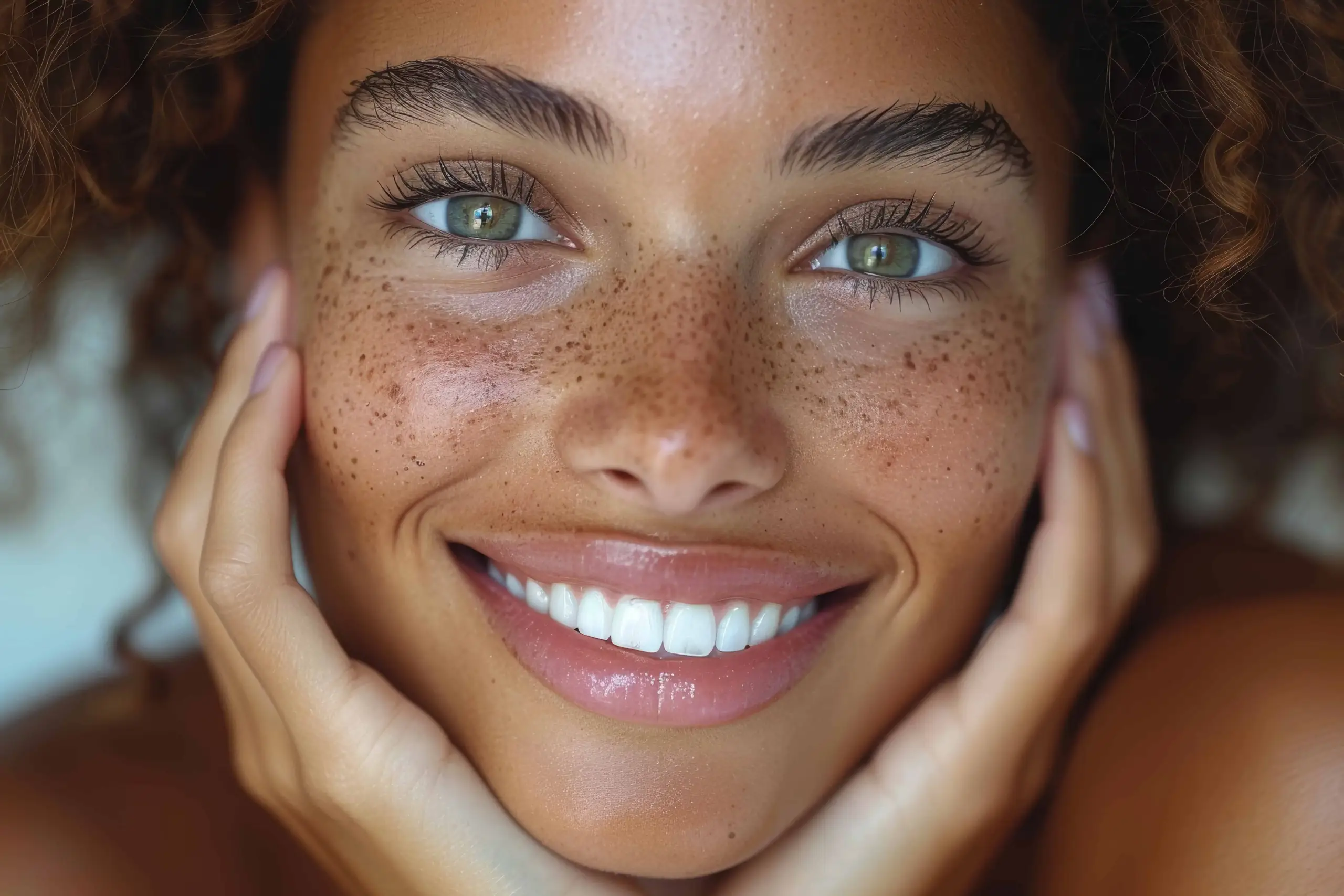 Beautiful female smile after Teeth Whitening Beaming White procedure at New Look Skin Center